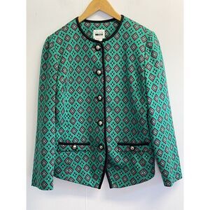 Vintage LESLIE‎ FAY Jacket Size 10 Petite Green Motive Faux Pockets Knit